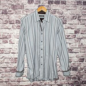ZAGIRI Men's Button Front Shirt Gray Geo Striped Cotton Size Small